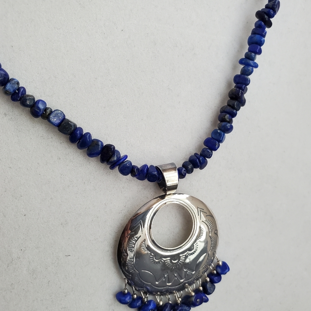 Sterling Silver Lapis Lazuli Gemstone Bead Necklace QT - Picture 9 of 16